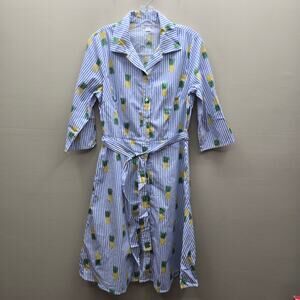 Chloe + Rene Striped Button Up Pineapple Print Dress Blue & White Size Medium